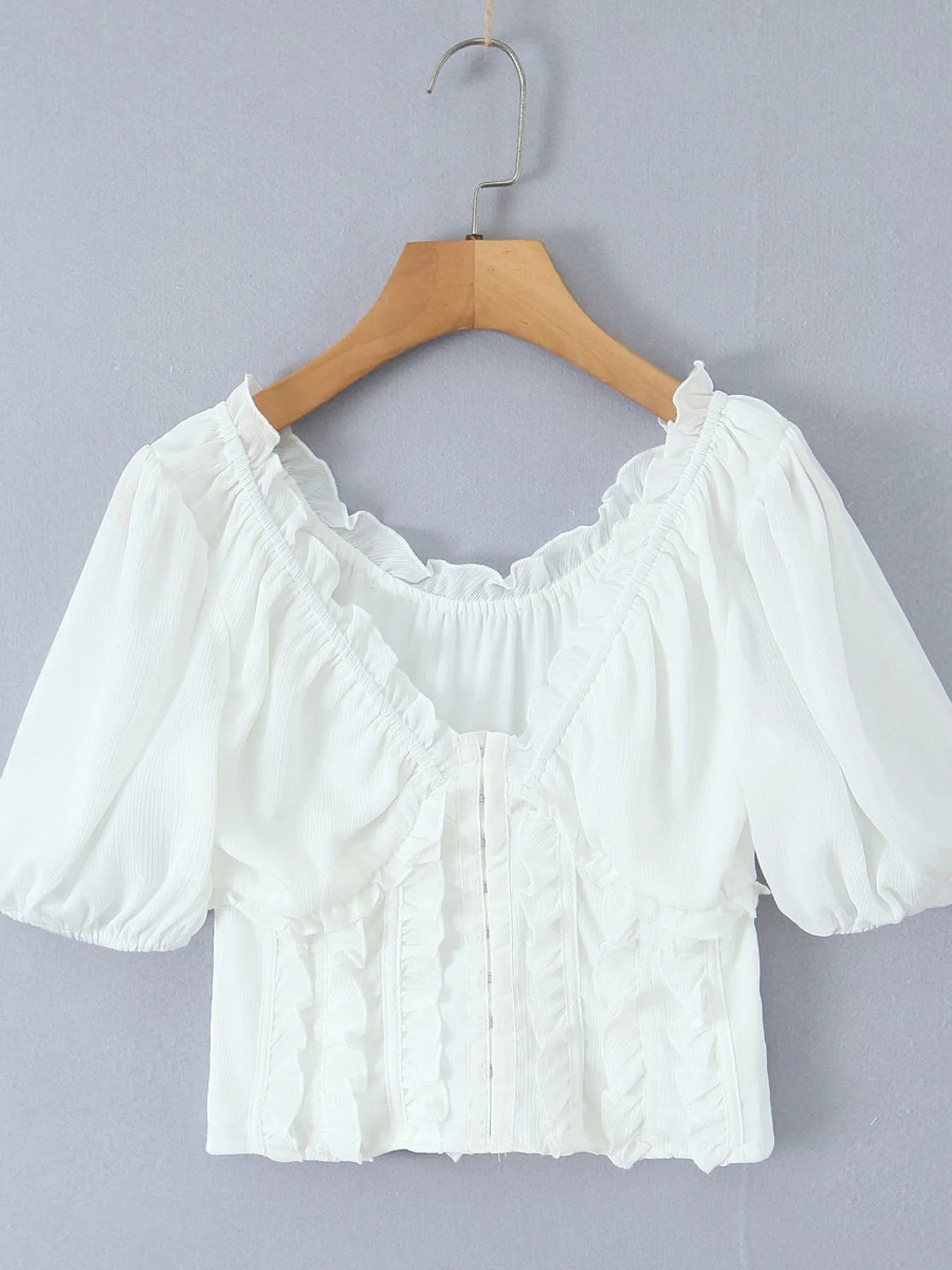 Frill V-Neck Puff Sleeve Blouse OutfitFlow
