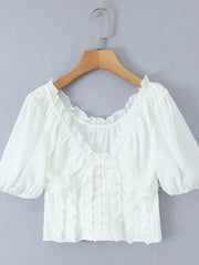 Frill V-Neck Puff Sleeve Blouse OutfitFlow
