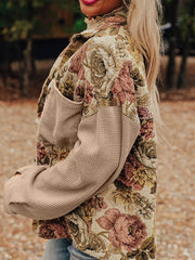 Floral Waffle Knit Patchwork Chest Pockets Buttoned Jacket OutfitFlow