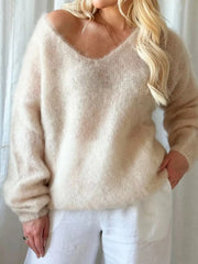 V-Neck Dropped Shoulder Sweater Apricot OutfitFlow
