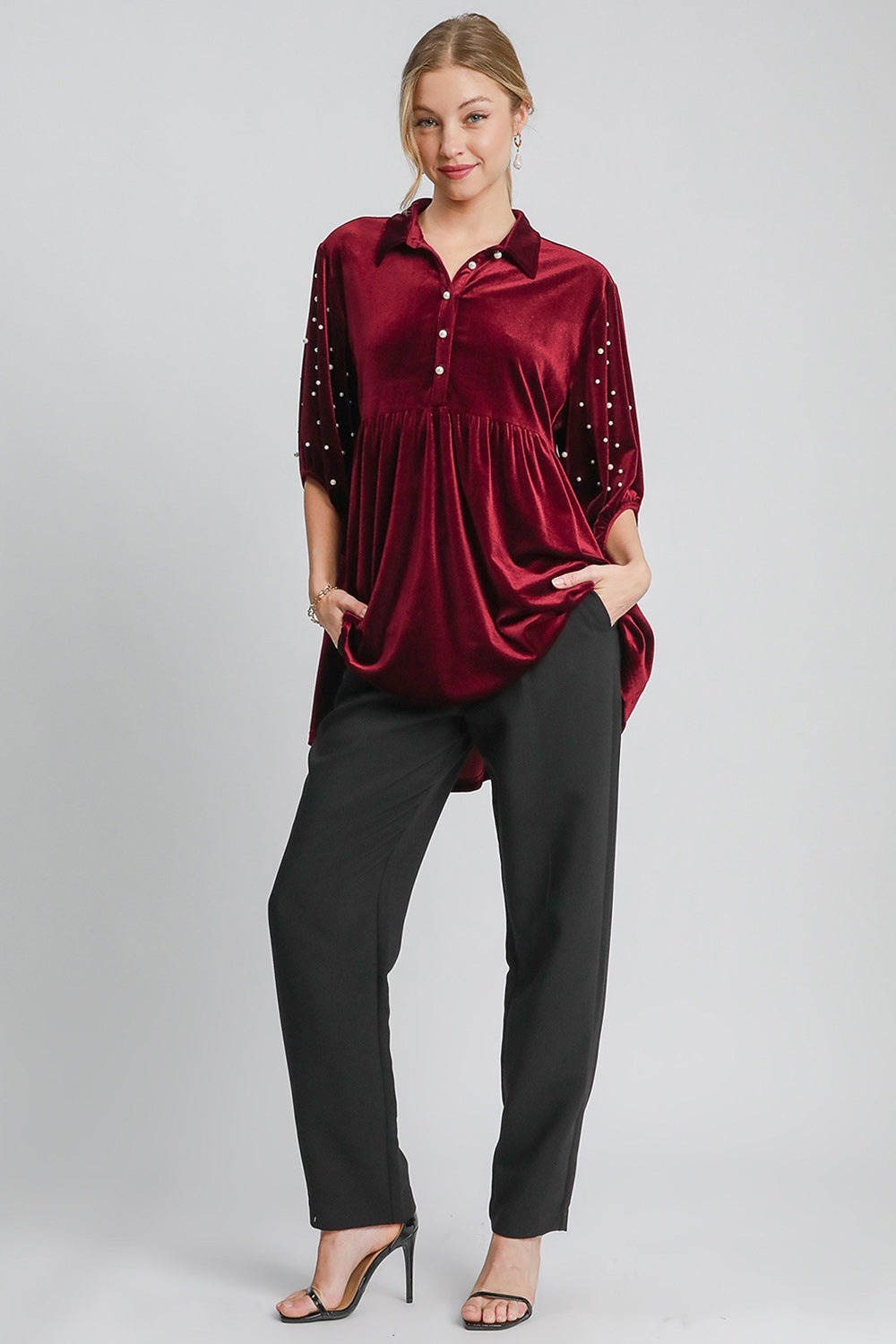 Outfit Flow - Umgee Pearl Detail Collared Neck Velvet Babydoll Blouse