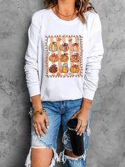 Pumpkin Graphic Round Neck Sweatshirt OutfitFlow