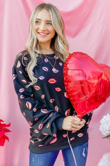 And The Why Kiss Pink Foil Allover Print Pullover Sweatshirts BLACK OutfitFlow