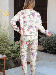 Floral Print Round Neck Top and Drawstring Pants Lounge Set OutfitFlow