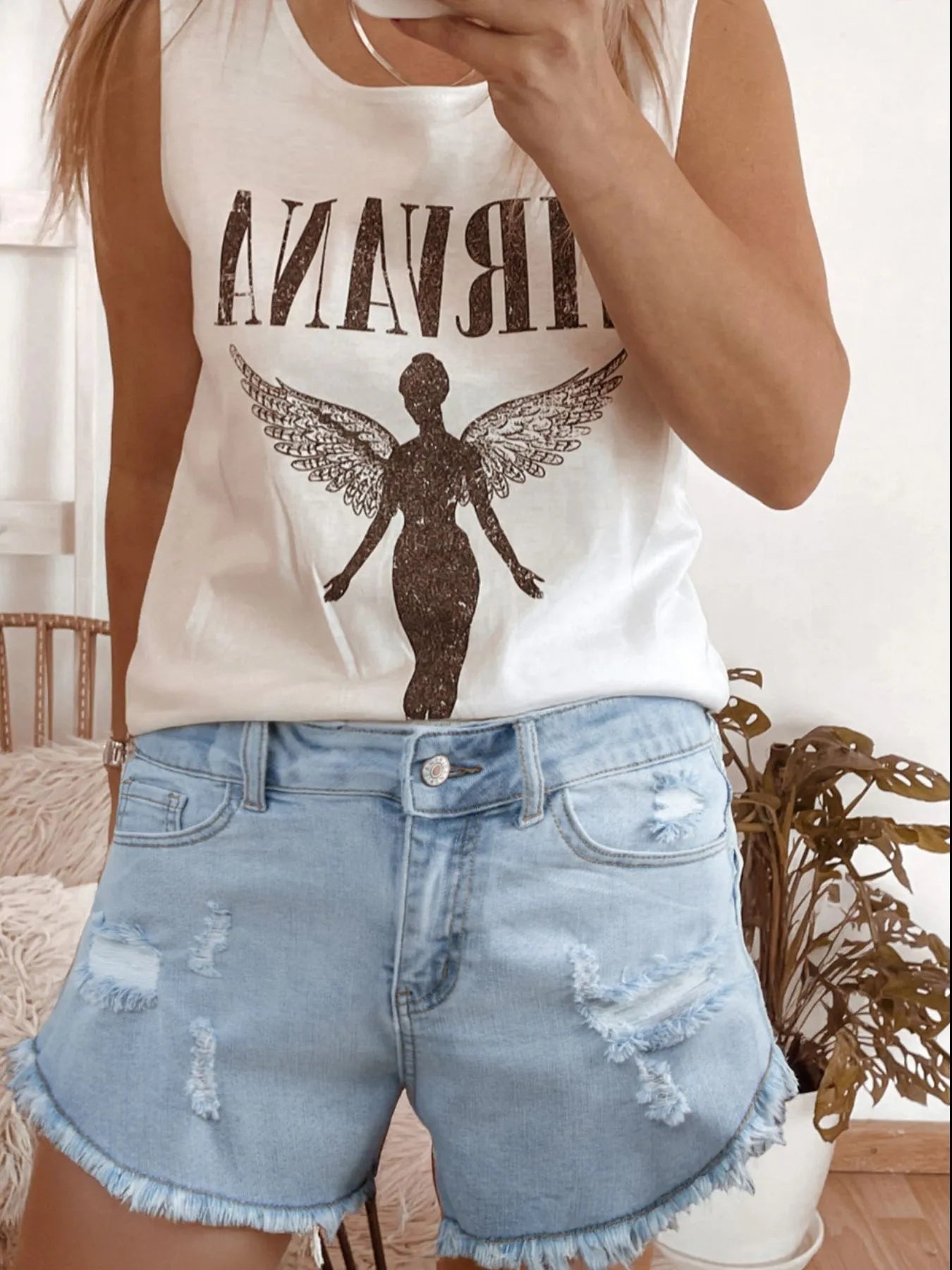 High Rise Distressed Raw Hem Denim Shorts OutfitFlow