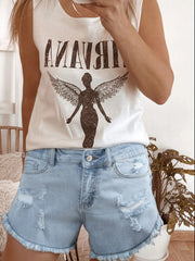 High Rise Distressed Raw Hem Denim Shorts OutfitFlow