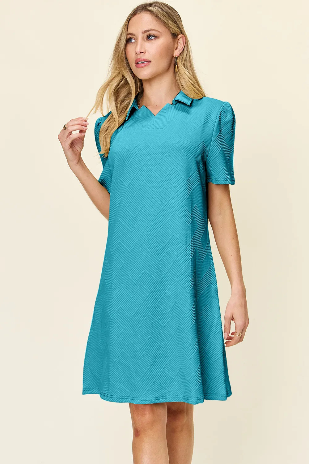 Double Take Full Size Texture Collared Neck Short Sleeve Dress OutfitFlow