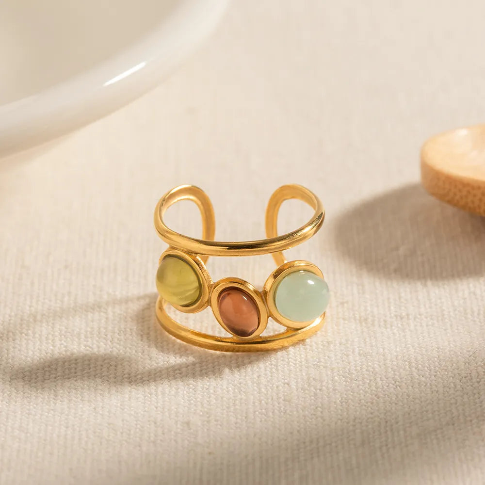 18K Gold-Plated Gemstone Open Cuff Ring OutfitFlow