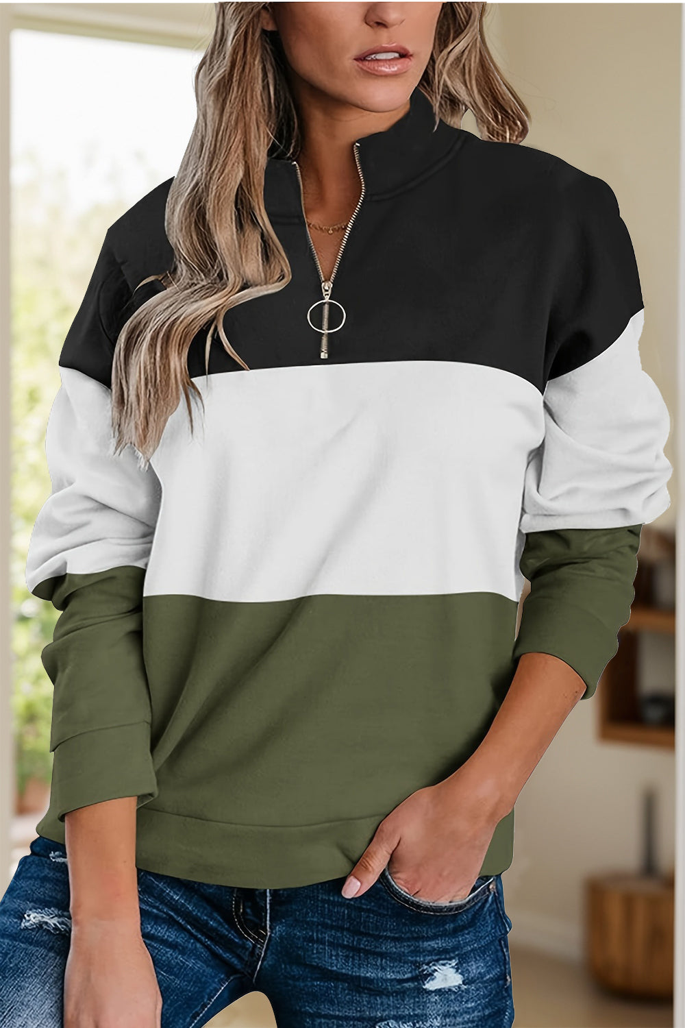 Outfit Flow - Full Size Color Block Quarter Zip Long Sleeve Sweatshirt