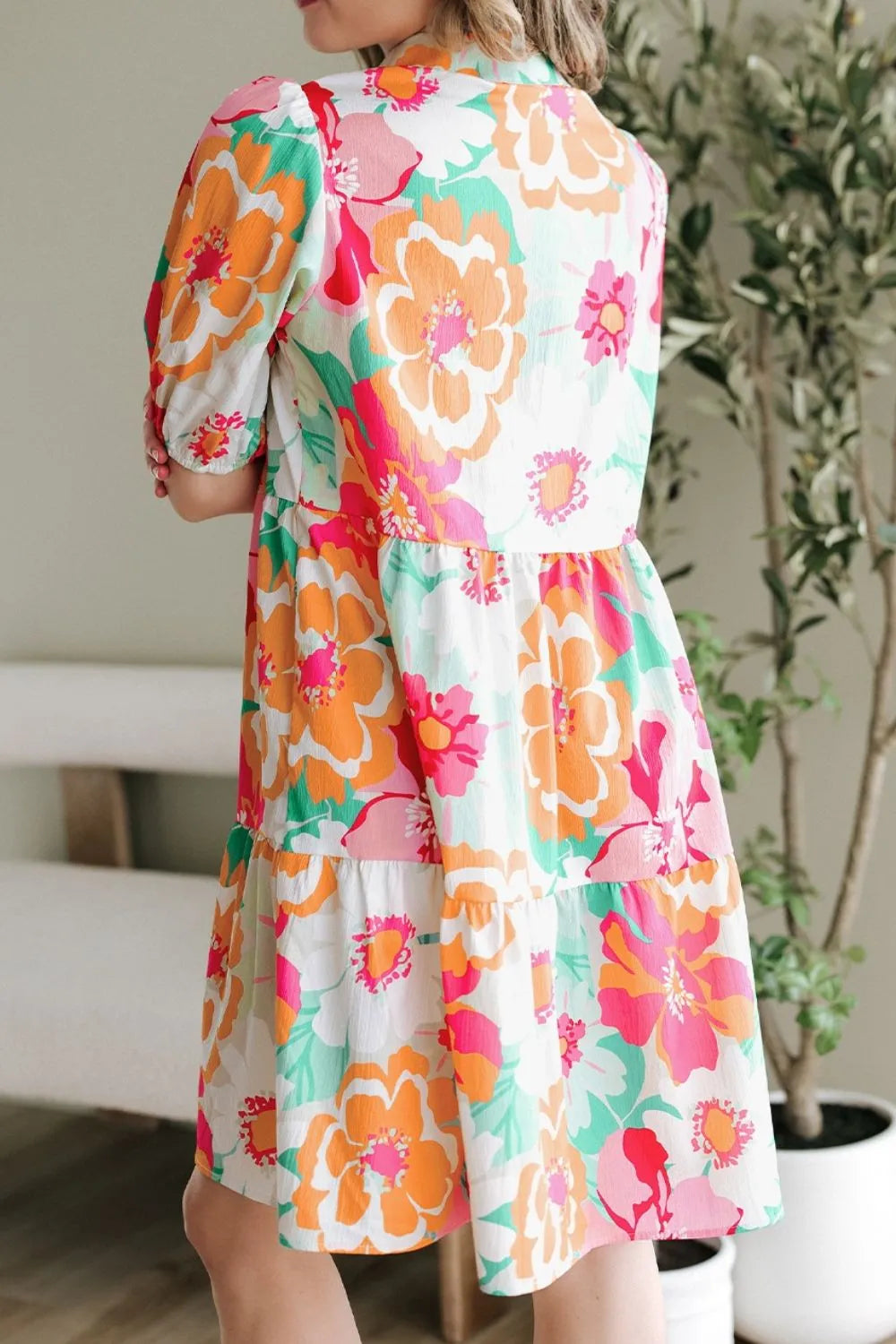 Button Down Floral Puff Sleeve Babydoll Dress OutfitFlow