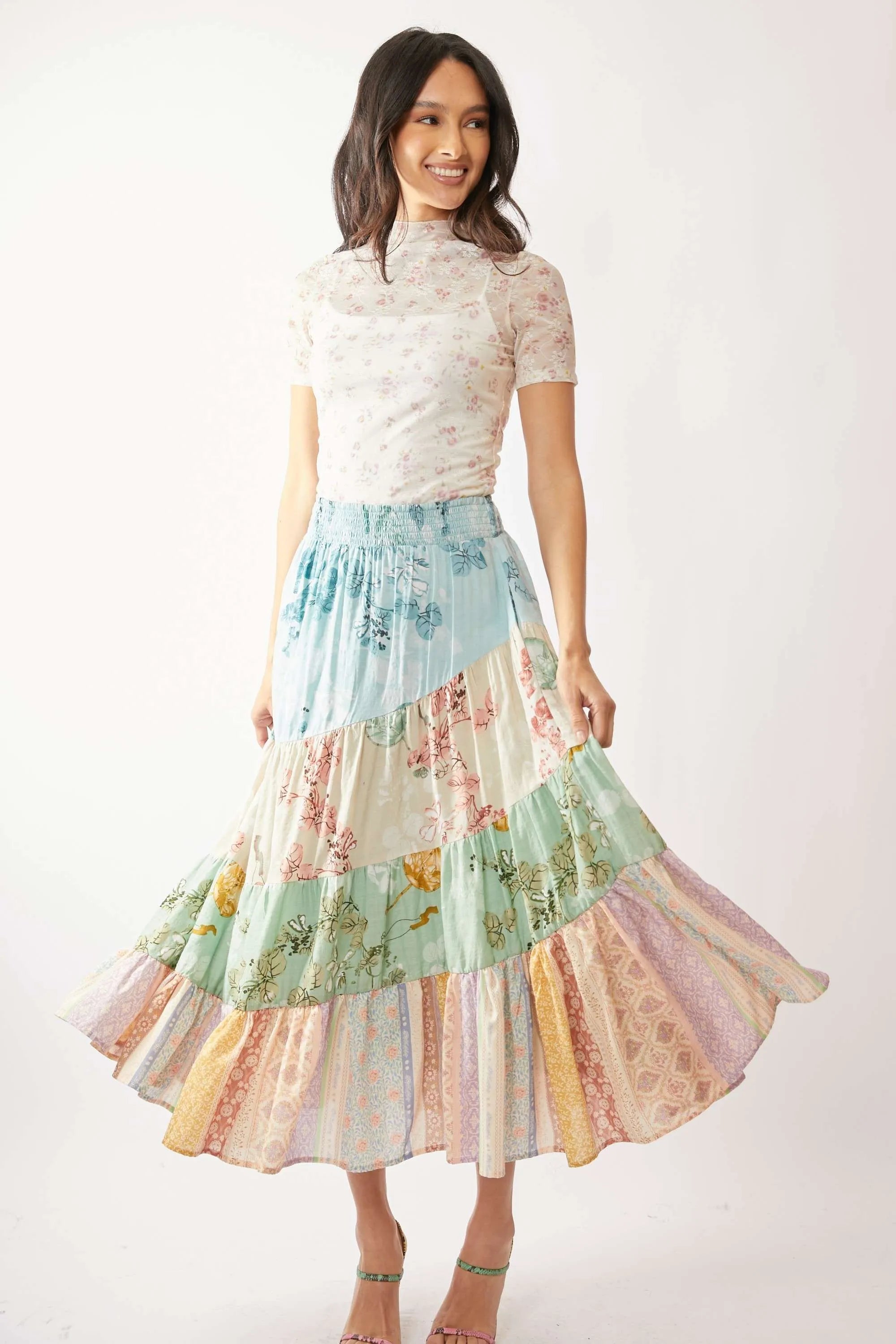 Davi & Dani Floral Mesh Mock Neck Short Sleeve Top OutfitFlow