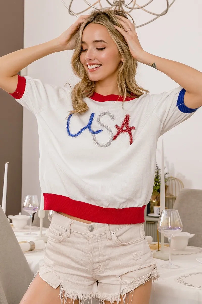 BiBi USA Metallic Letter Color Block Knit Top OutfitFlow