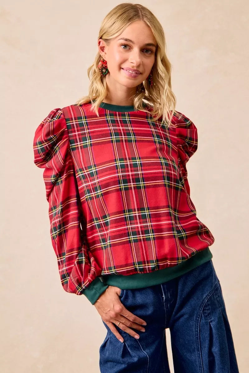 BiBi Christmas Plaid Exaggerated Shoulder Sleeves Top OutfitFlow