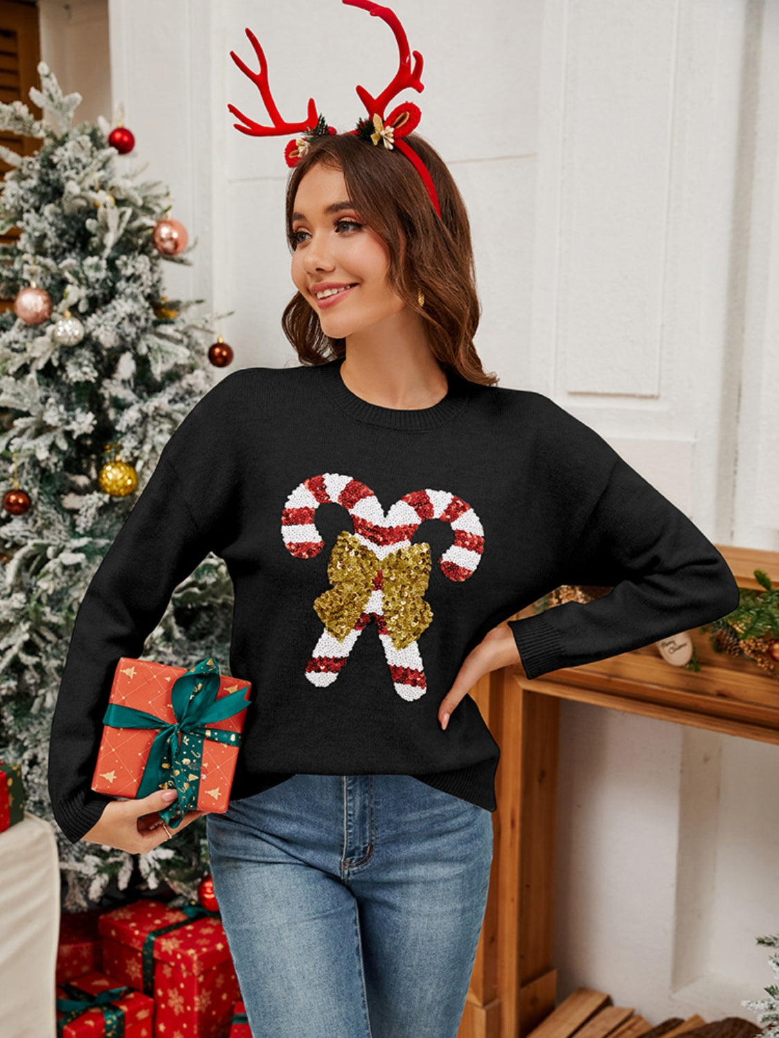 Outfit Flow - Sequin Candy Cane Round Neck Long Sleeve Sweater