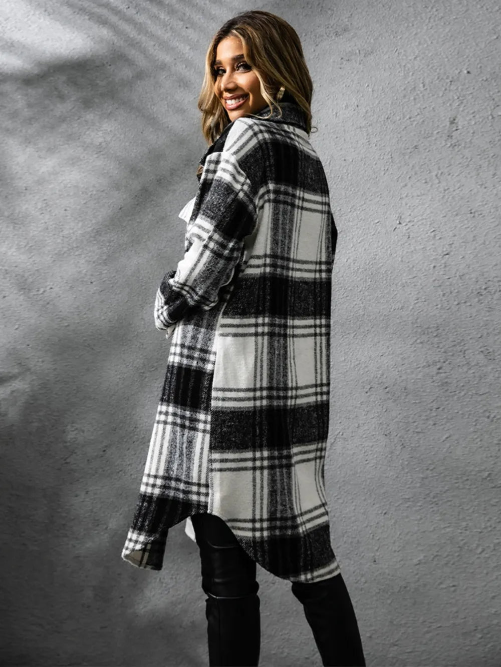 Plaid Collared Neck Long Sleeve Coat OutfitFlow