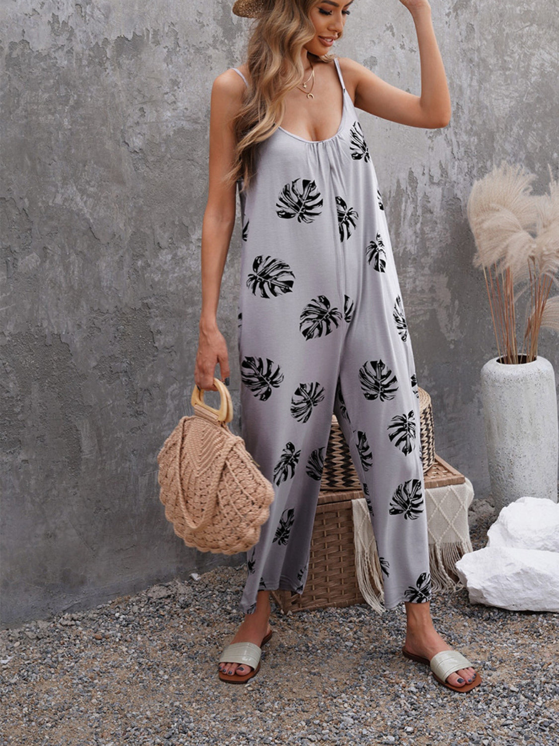 Outfit Flow - Printed Spaghetti Strap Jumpsuit with Pockets