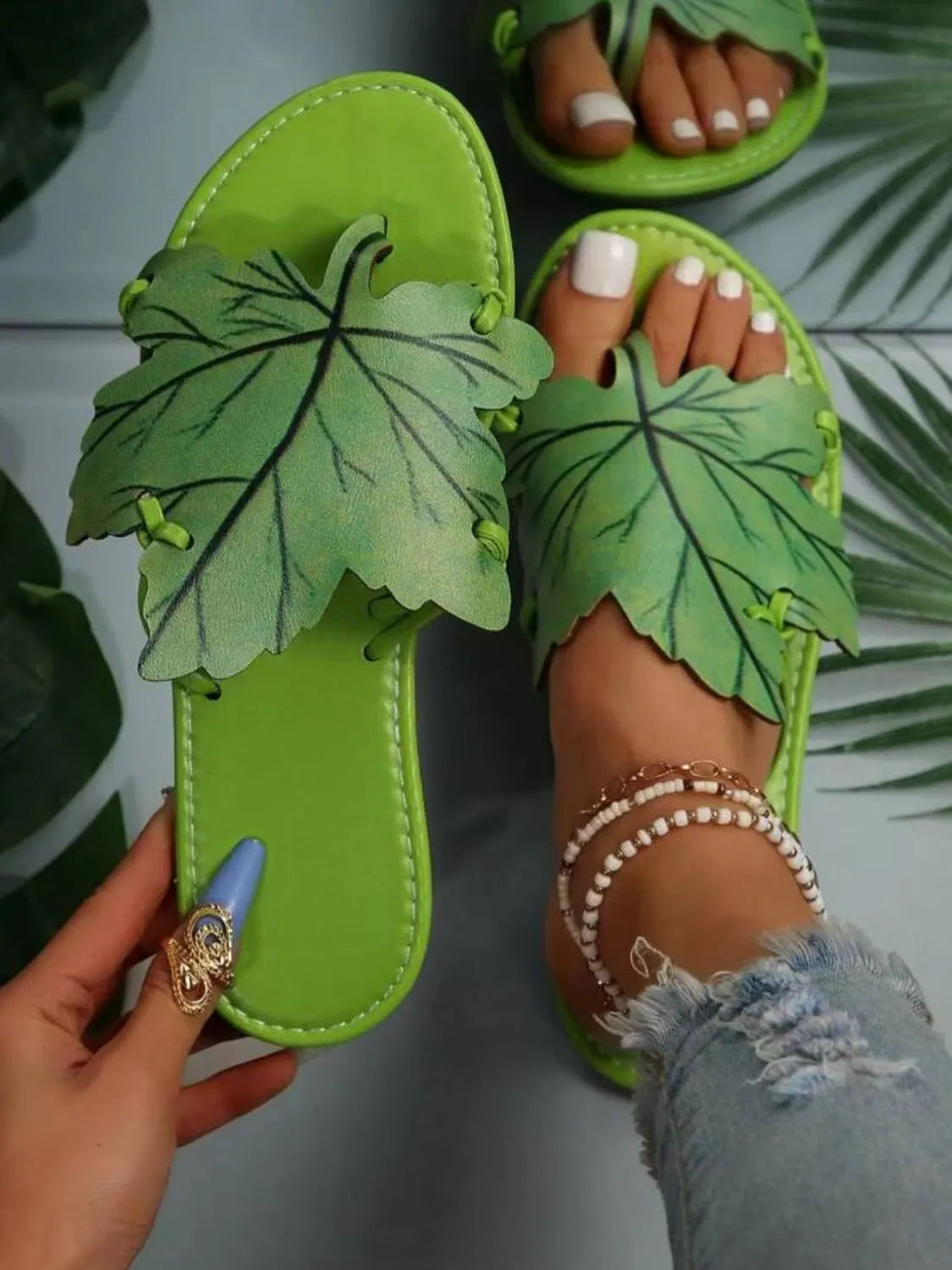 Open Toe Flats Slippers Green OutfitFlow