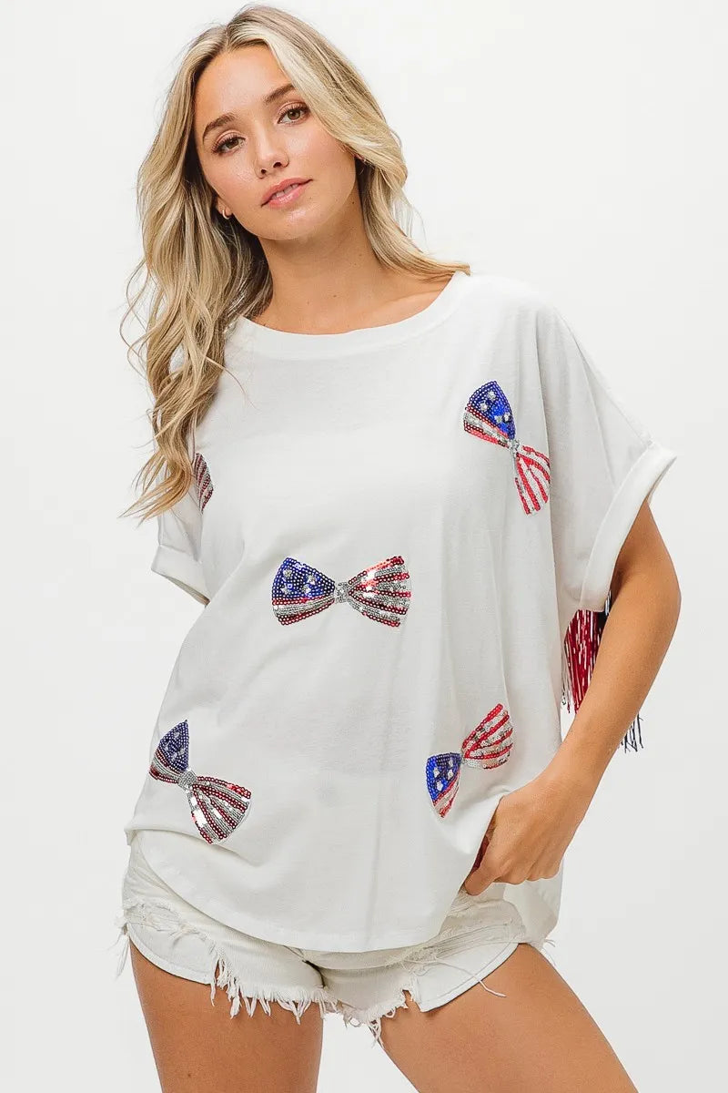 BiBi American Flag Sequin Ribbon T-Shirt OutfitFlow