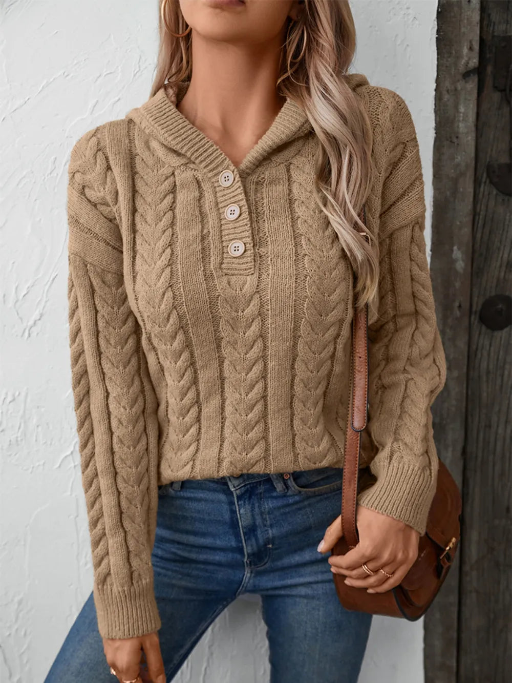 Cable-Knit Long Sleeve Hooded Sweater Camel Trendsi