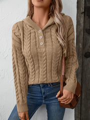 Cable-Knit Long Sleeve Hooded Sweater Camel Trendsi