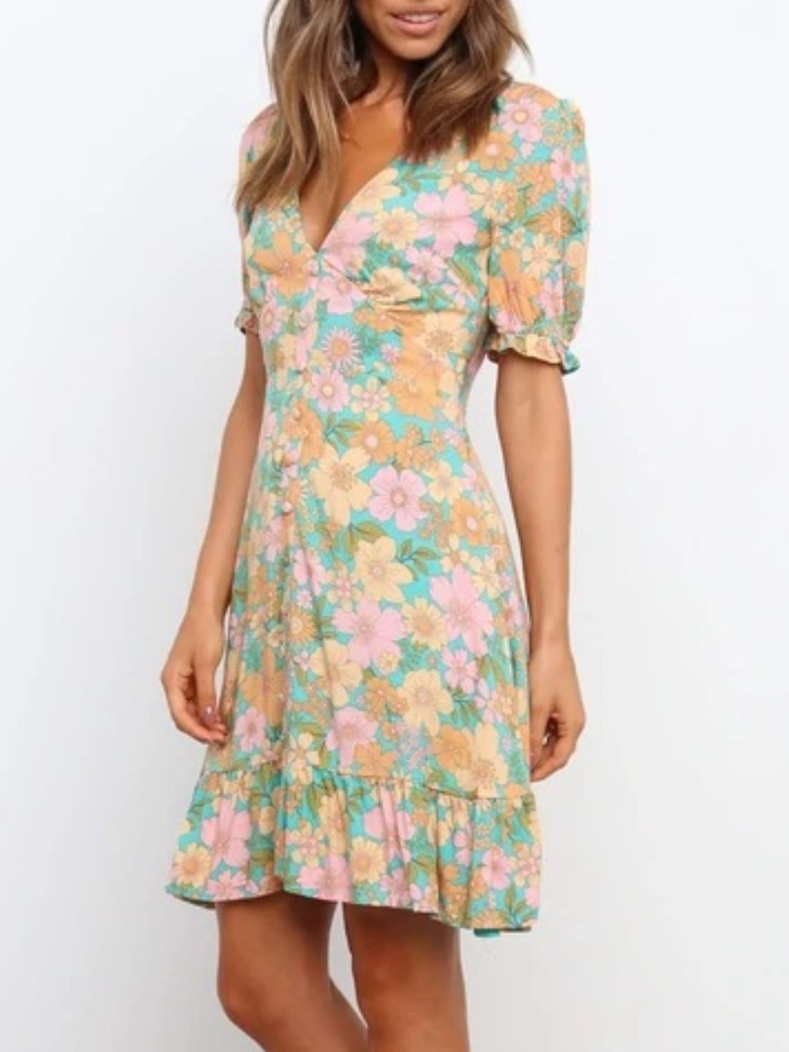 Ruffled Hem Printed Short Sleeve Mini Dress OutfitFlow