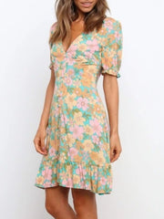 Ruffled Hem Printed Short Sleeve Mini Dress OutfitFlow