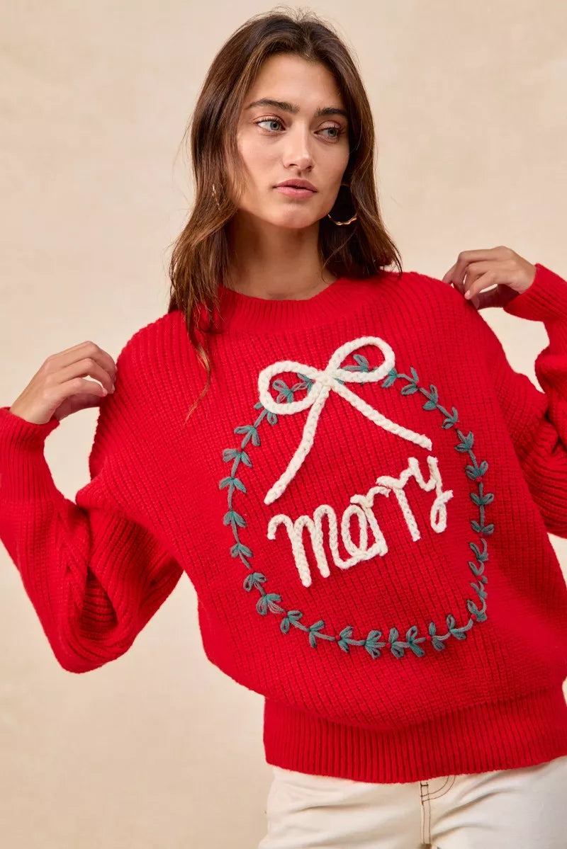 BiBi Christmas Wreath Merry Letter Knit Top OutfitFlow