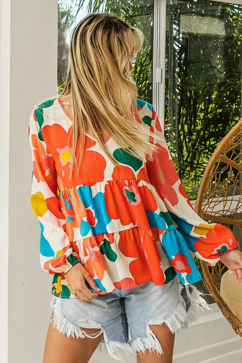 BiBi Floral Woven Tiered V Neck Top Trendsi