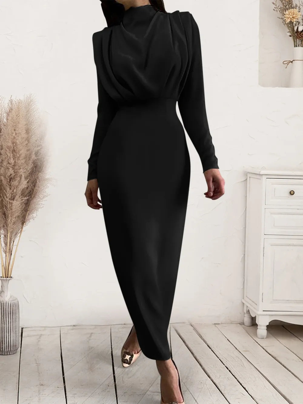 Ruched Turtleneck Long Sleeve Dress Black OutfitFlow