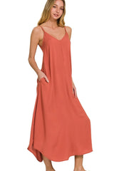 Zenana Woven Arc Hem Cami Midi Dress With Flowy Pockets RUST OutfitFlow