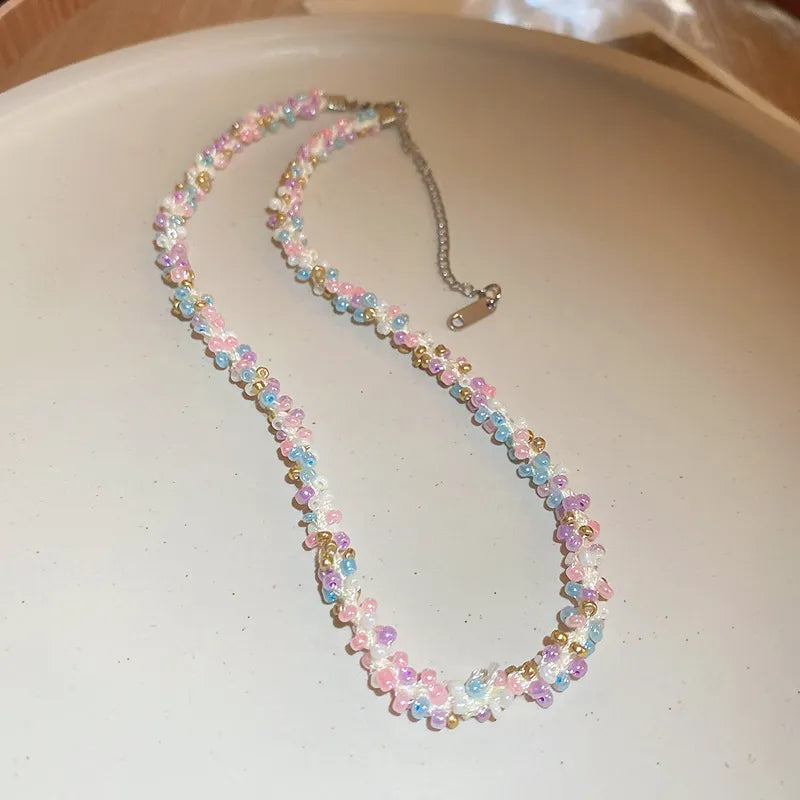 Titanium Steel Rice Bead Necklace Pink Purple One Size OutfitFlow