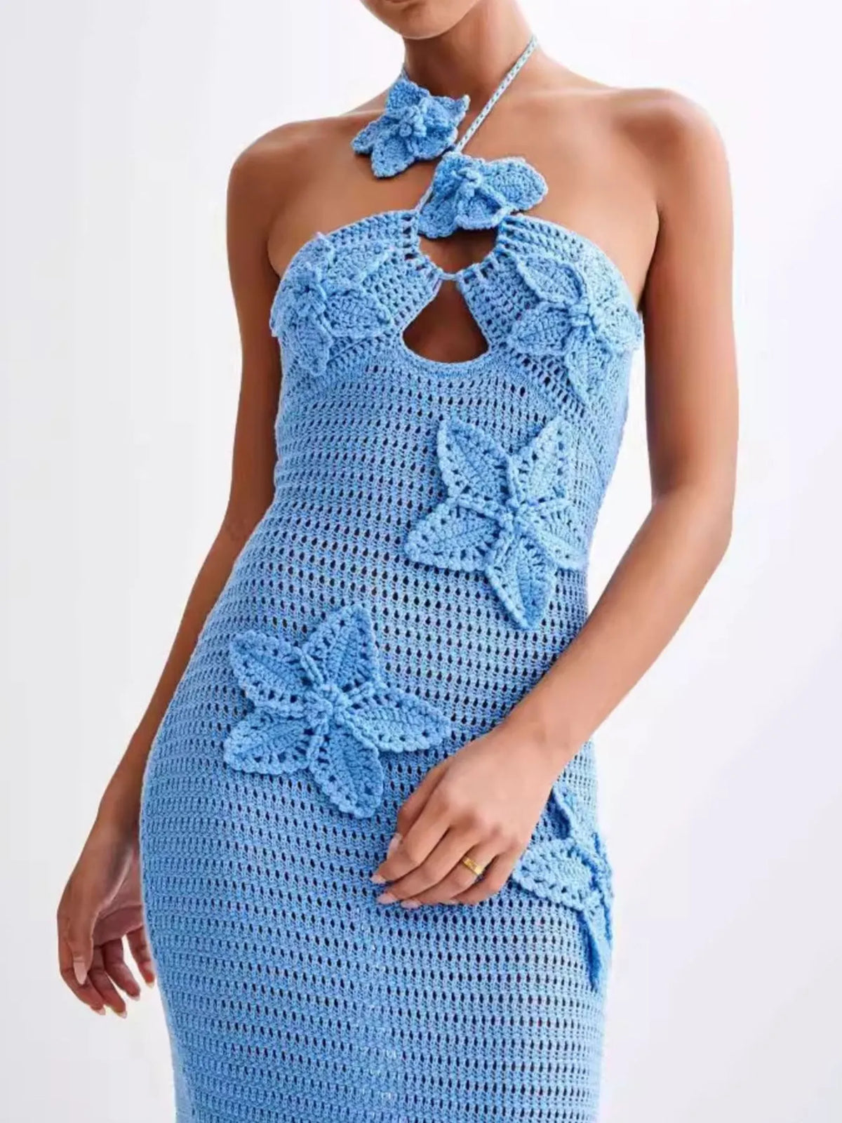 Crochet Floral Halter Knit Cover Up Dress Blue OutfitFlow