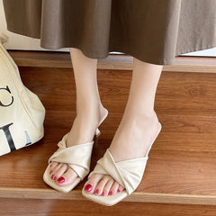 Open Toe Flare Heels Sandals Cream OutfitFlow