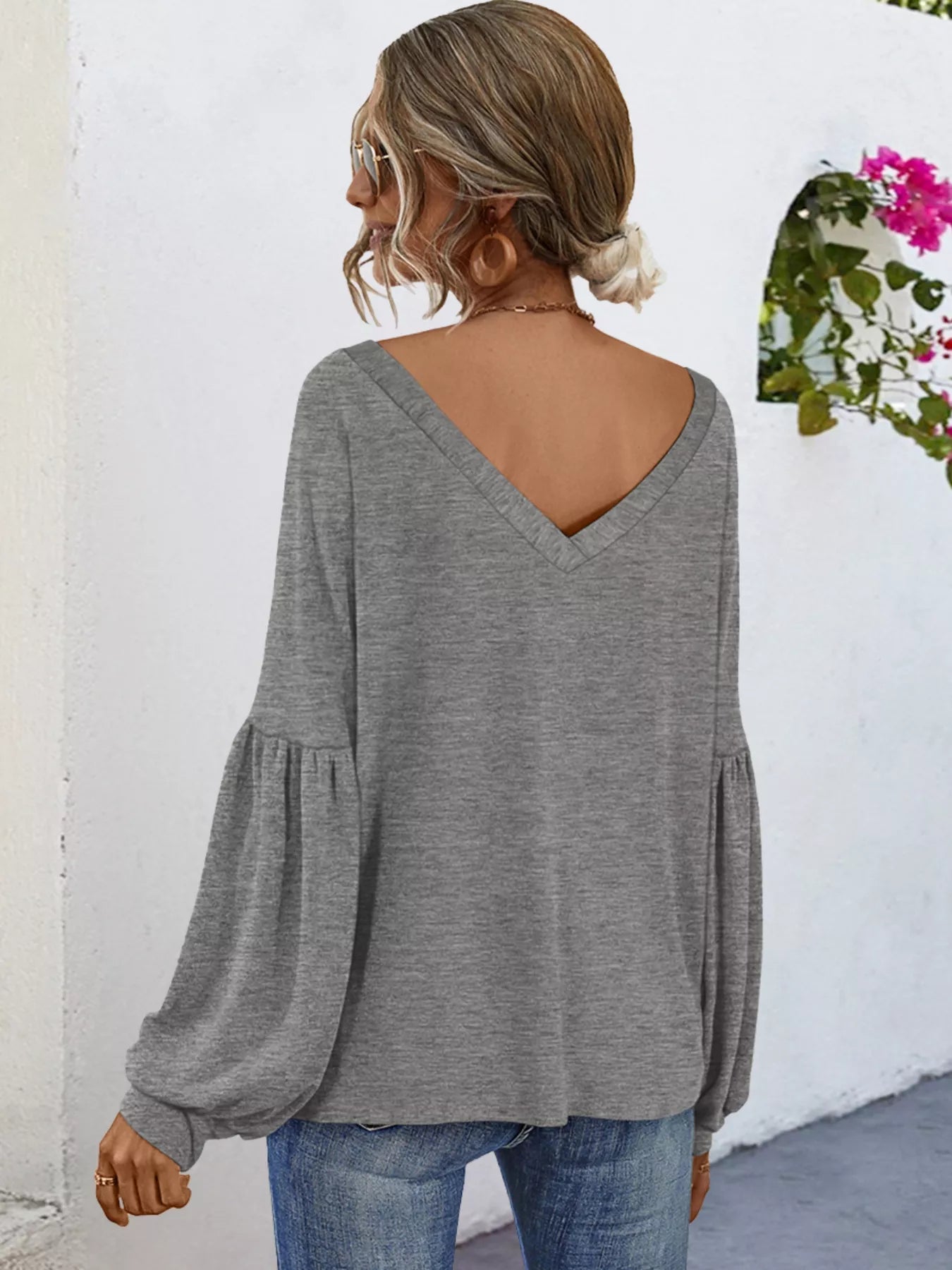 Oversized V-Neck Long Sleeve Blouse OutfitFlow