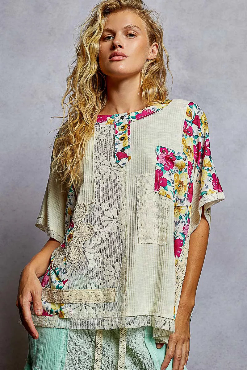 POL Lace Round Neck Short Sleeve Floral Pattern Top with Patch Detail OutfitFlow