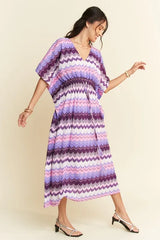 Davi & Dani Multi Color Wavy Tie Waist Flowy Sleeve Dress OutfitFlow