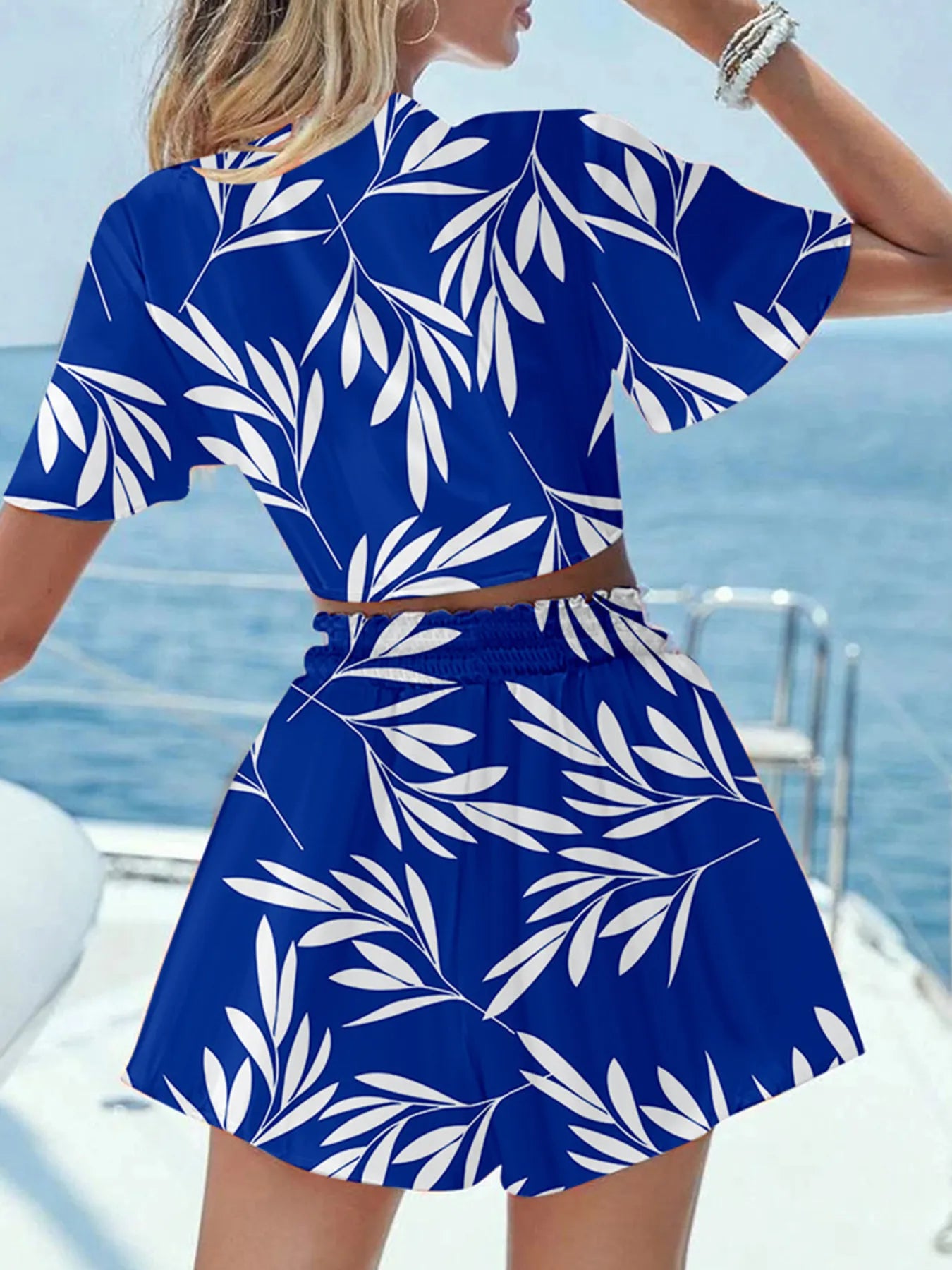 Printed Tie Front Top and Shorts Set OutfitFlow