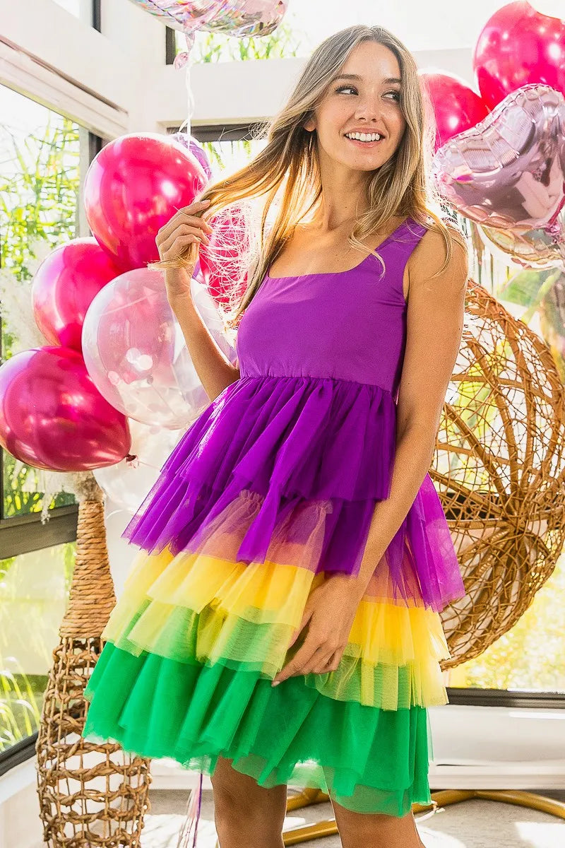 BiBi Mardi Gras Color Block Layered Mesh Tiered Dress OutfitFlow