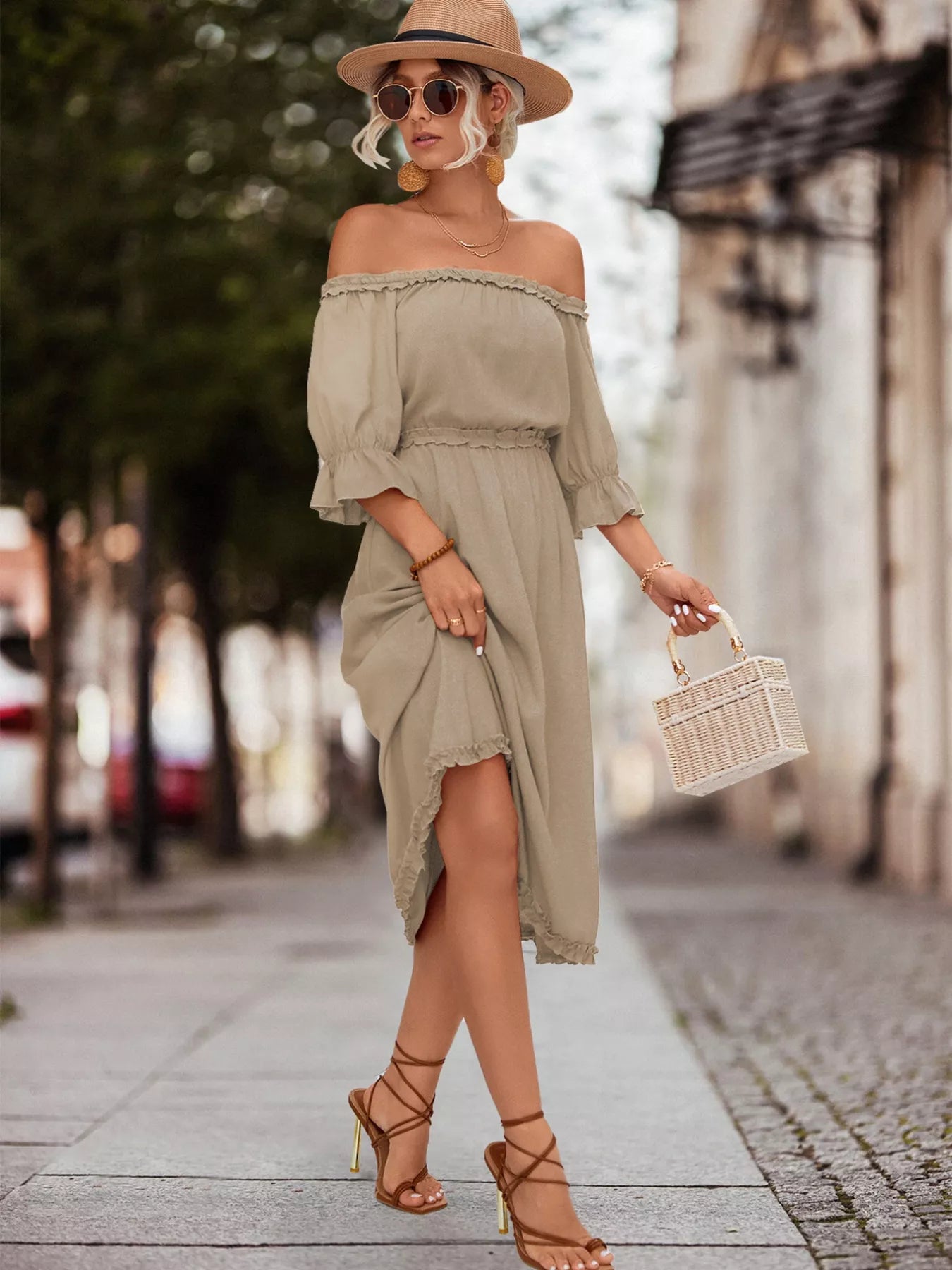 Off-Shoulder Flounce Sleeve Midi Dress OutfitFlow