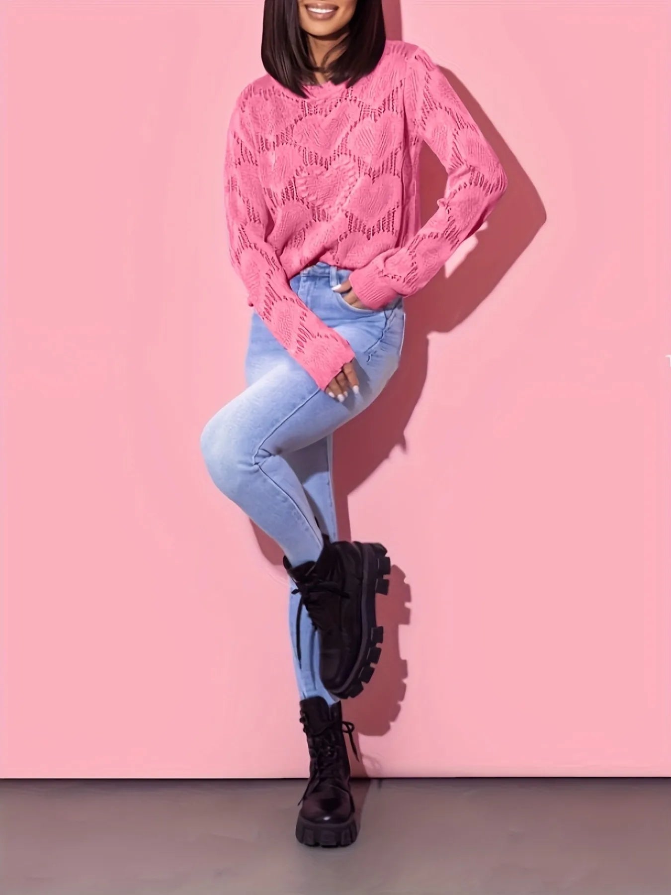 Heart Round Neck Long Sleeve Sweater OutfitFlow