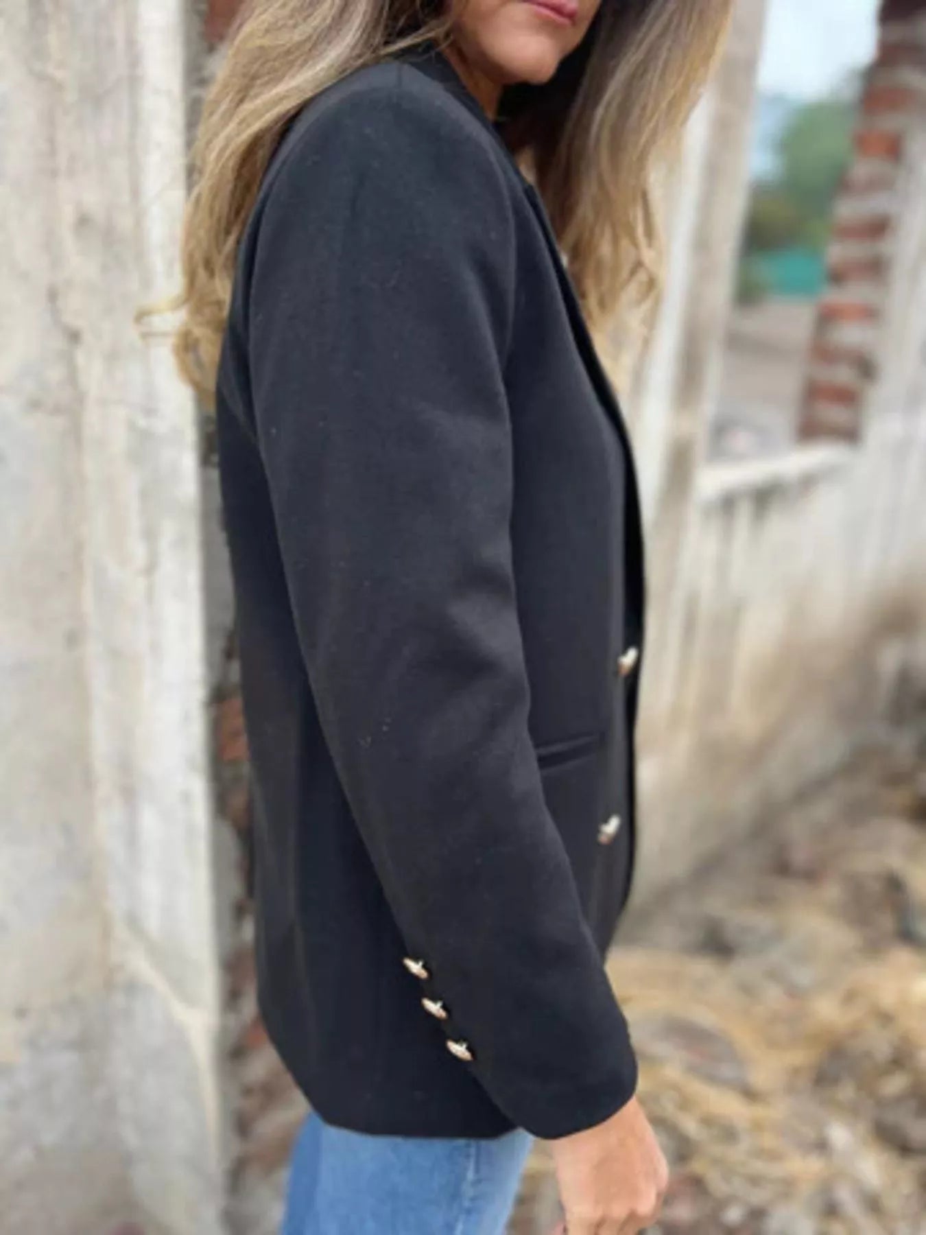 Full Size Double Breasted Long Sleeve Blazer Plus Size OutfitFlow