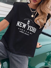 Letter Round Neck Half Sleeve T-Shirt OutfitFlow