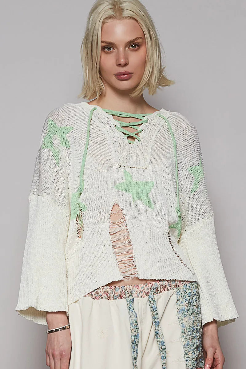 POL Distressed Lace-Up Star Pattern Hooded Hooded Sweater Gum Leaf OutfitFlow