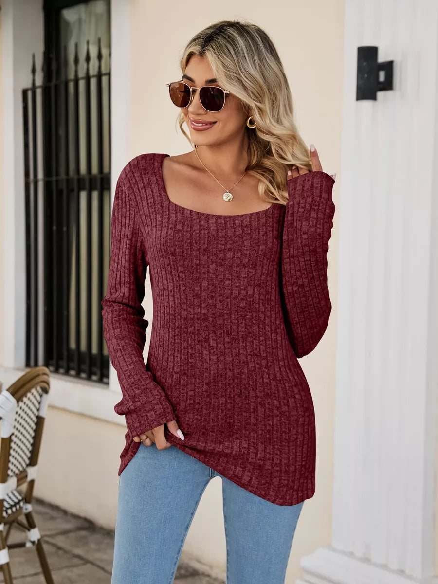 Ribbed Square Neck Long Sleeve T-Shirt Burgundy Trendsi