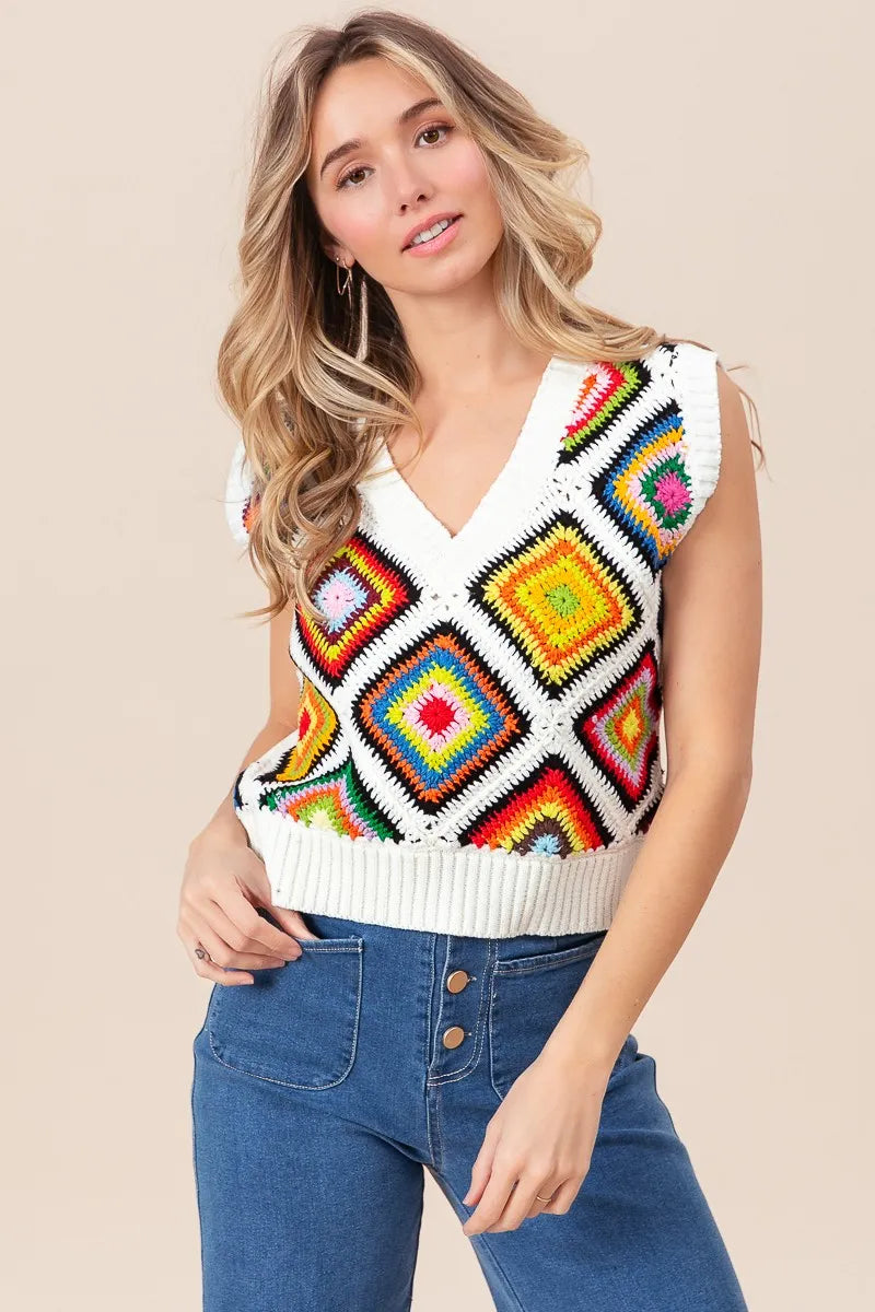 BiBi Diamond Granny Square Sweater Vest IVORY OutfitFlow