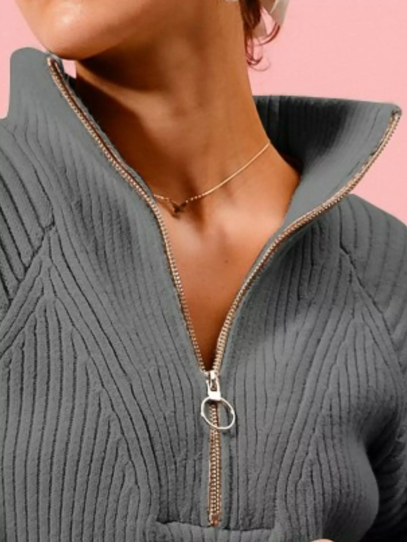 SO ME Half Zip Raglan Balloon Sleeves Ribbed Sweater Trendsi