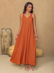 Ruched Twisted Back Sleeveless Maxi Cami Dress OutfitFlow