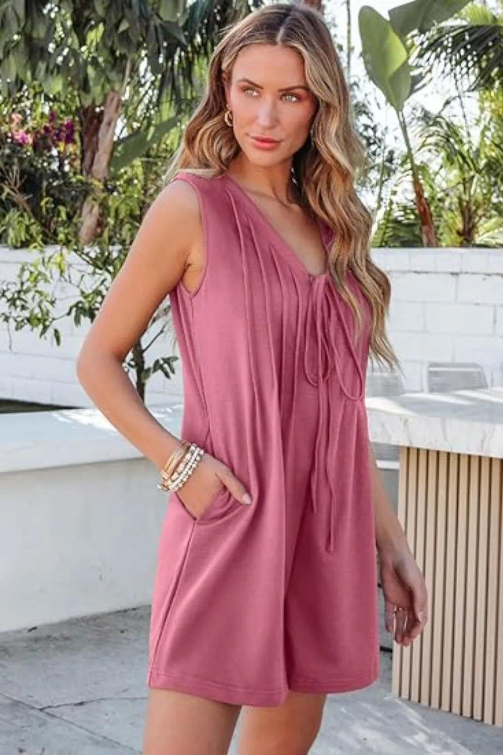 Tie Front Sleeveless Romper OutfitFlow