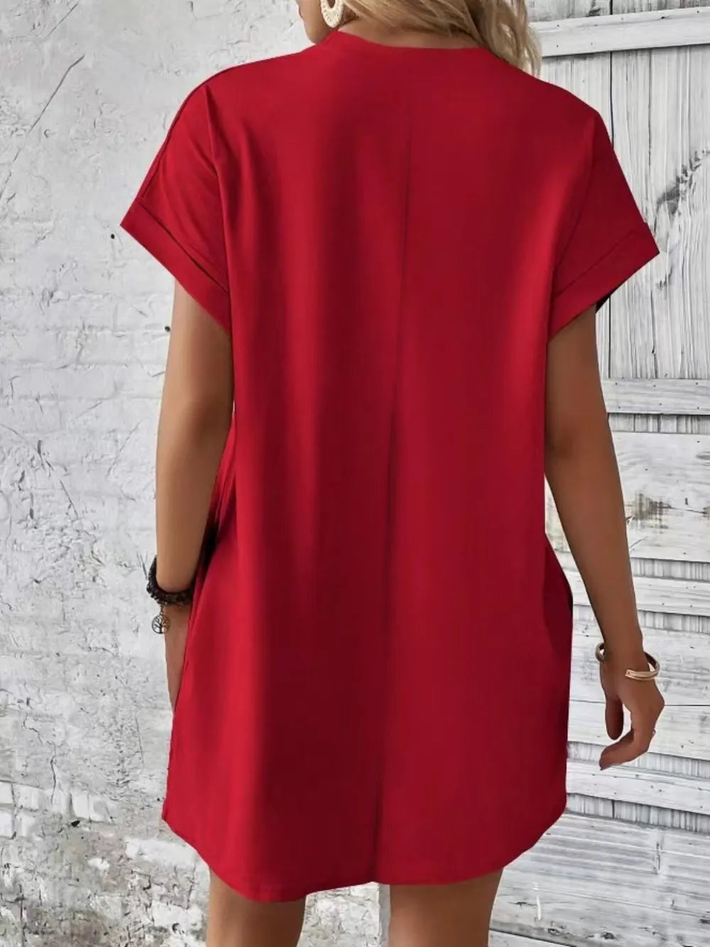 Pocketed Round Neck Short Sleeve Dress OutfitFlow
