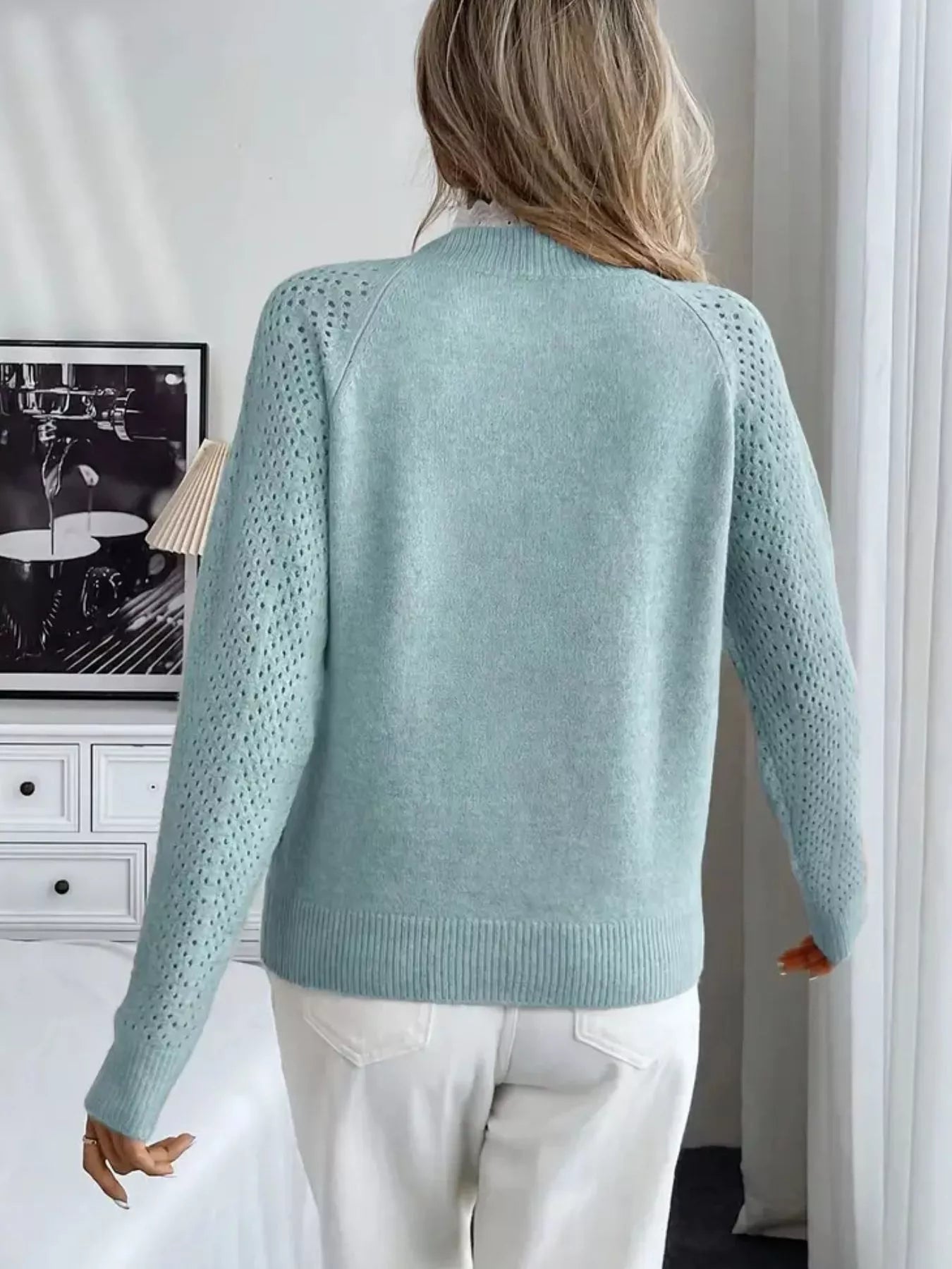 Lace Trim Button Detail Openwork Long Sleeve Sweater OutfitFlow